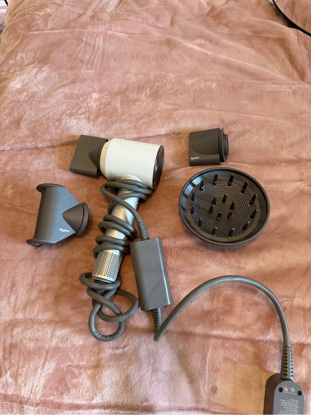 Dyson Supersonic Hair Dryer with Gray and White Finish and Multiple Attachments